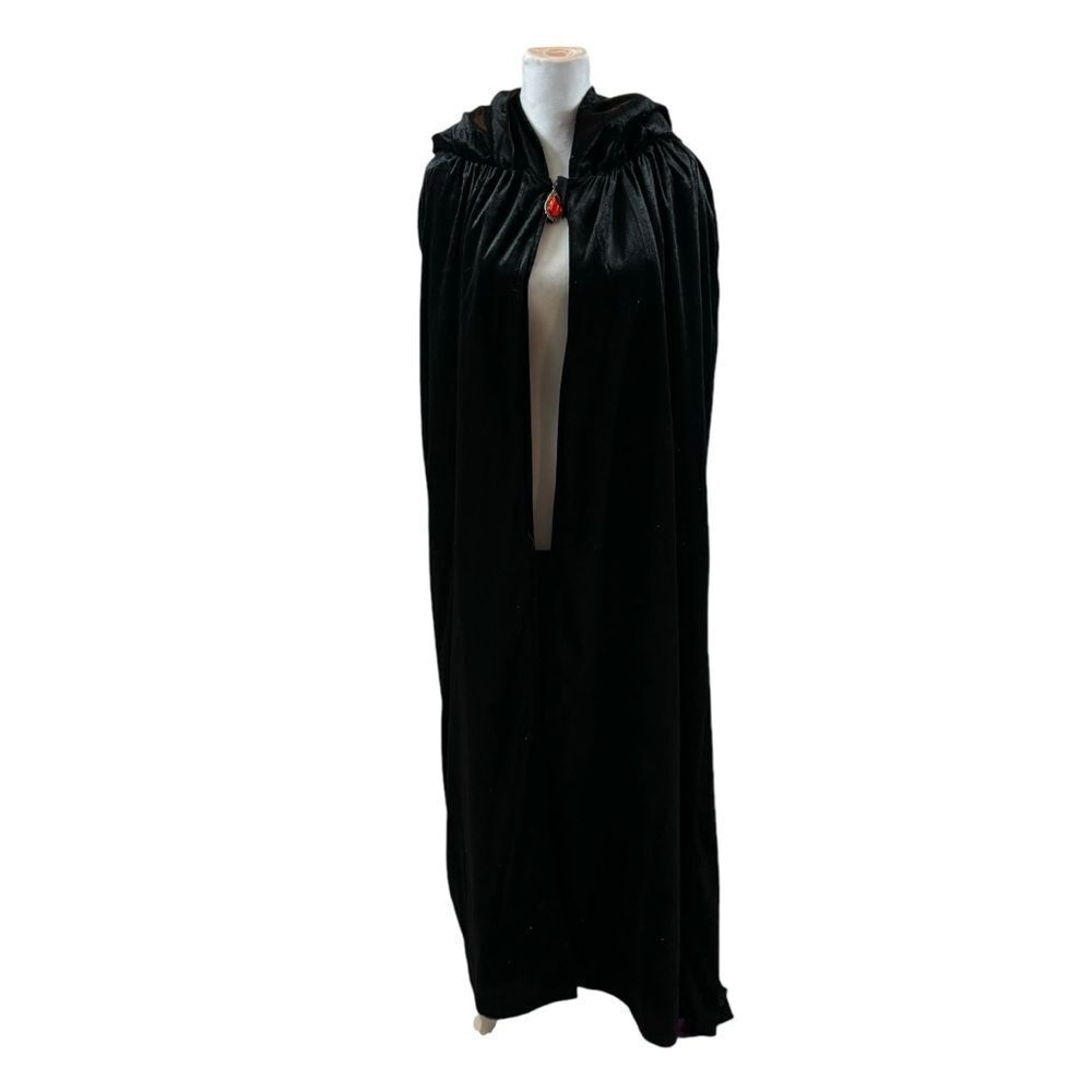 Ladies Long Black Velvet Hooded Robe with Purple Satin Lining One Size